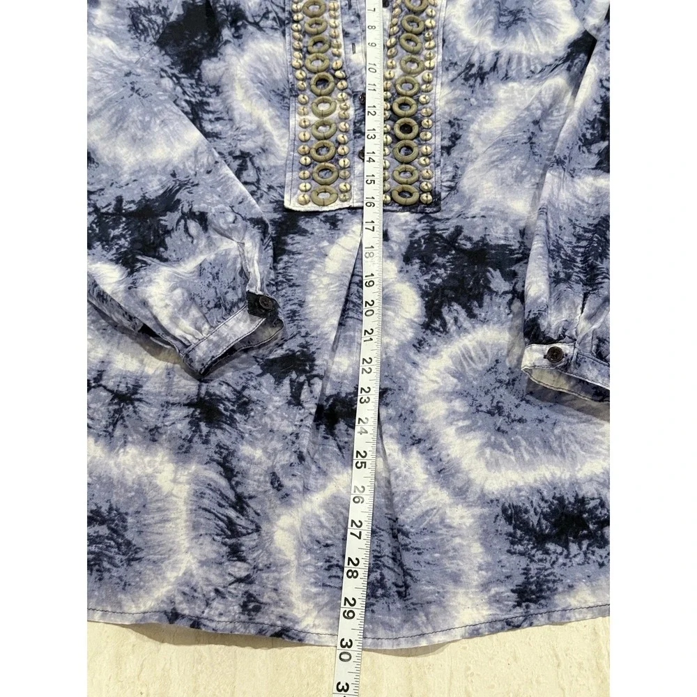 Michael Kors Top‎ M Blue Tie-Dye Beaded Bib Pleated Hippie Boho Peasant Popover